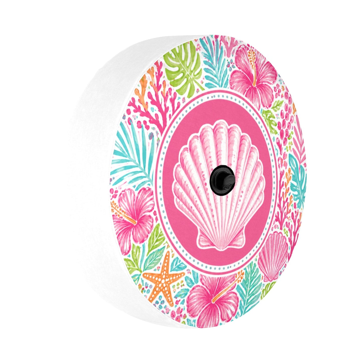 Pink Beach Spare Tire Cover, Sea Shell Ocean Coral Hibiscus White Tropical Wheel Backup Camera Hole Camping RV Back Women Trailer Waterproof - Starcove Fashion