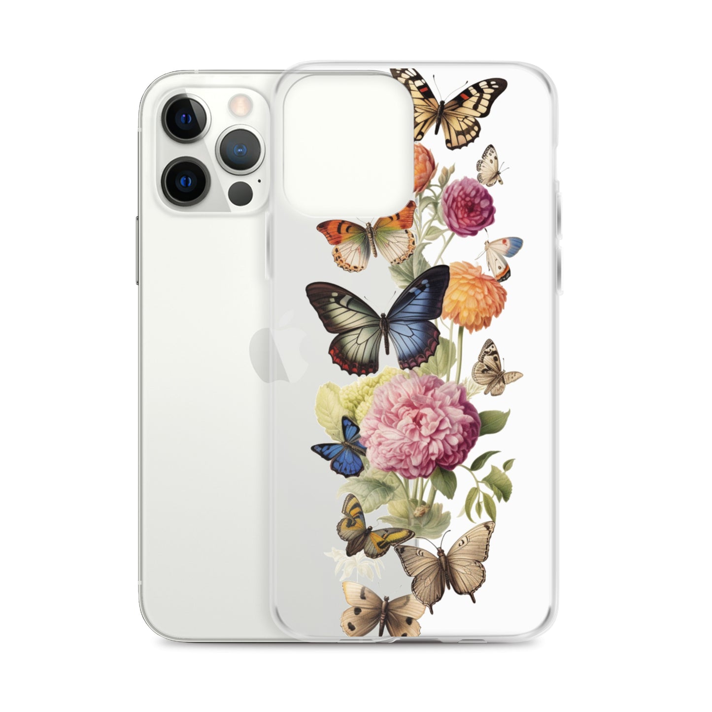 Vintage Butterfly Floral Clear iPhone® 14 Pro Max Case, Flowers Print Cute Aesthetic iPhone 13 12 11 Mini SE XS Max XR X 8 7 Transparent