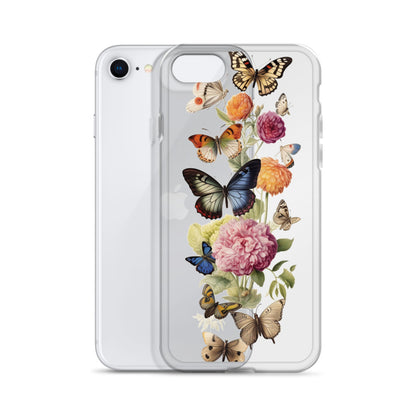 Vintage Butterfly Floral Clear iPhone® 14 Pro Max Case, Flowers Print Cute Aesthetic iPhone 13 12 11 Mini SE XS Max XR X 8 7 Transparent