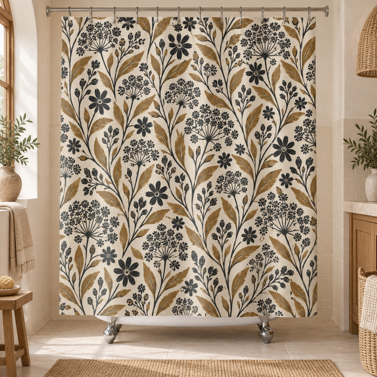 Rustic Boho Floral Shower Curtain, Cream Gold Black Botanical Wildflower Nature Bathroom Decor Waterproof Fabric Housewarming Gift 71" x 74"