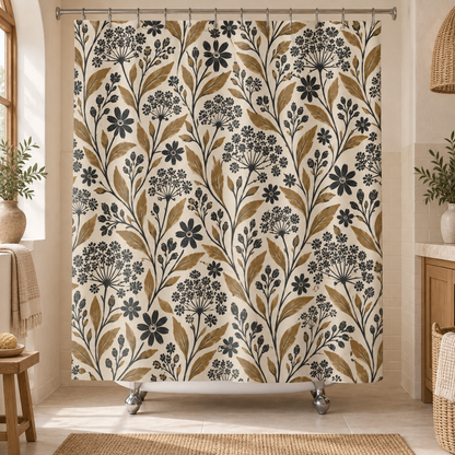 Rustic Boho Floral Shower Curtain, Cream Gold Black Botanical Wildflower Nature Bathroom Decor Waterproof Fabric Housewarming Gift 71" x 74"