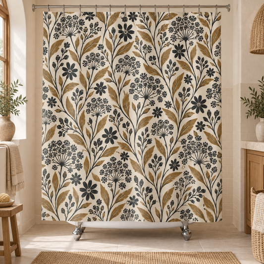 Rustic Boho Floral Shower Curtain, Cream Gold Black Botanical Wildflower Nature Bathroom Decor Waterproof Fabric Housewarming Gift 71" x 74"