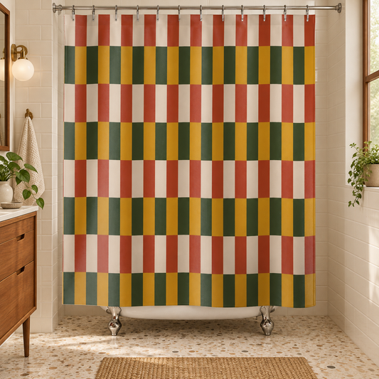 Mid Century Modern Shower Curtain, Retro Geometric Mustard Orange Olive Earth Tone Bathroom Decor Color Block Housewarming Gift 71" x 74"
