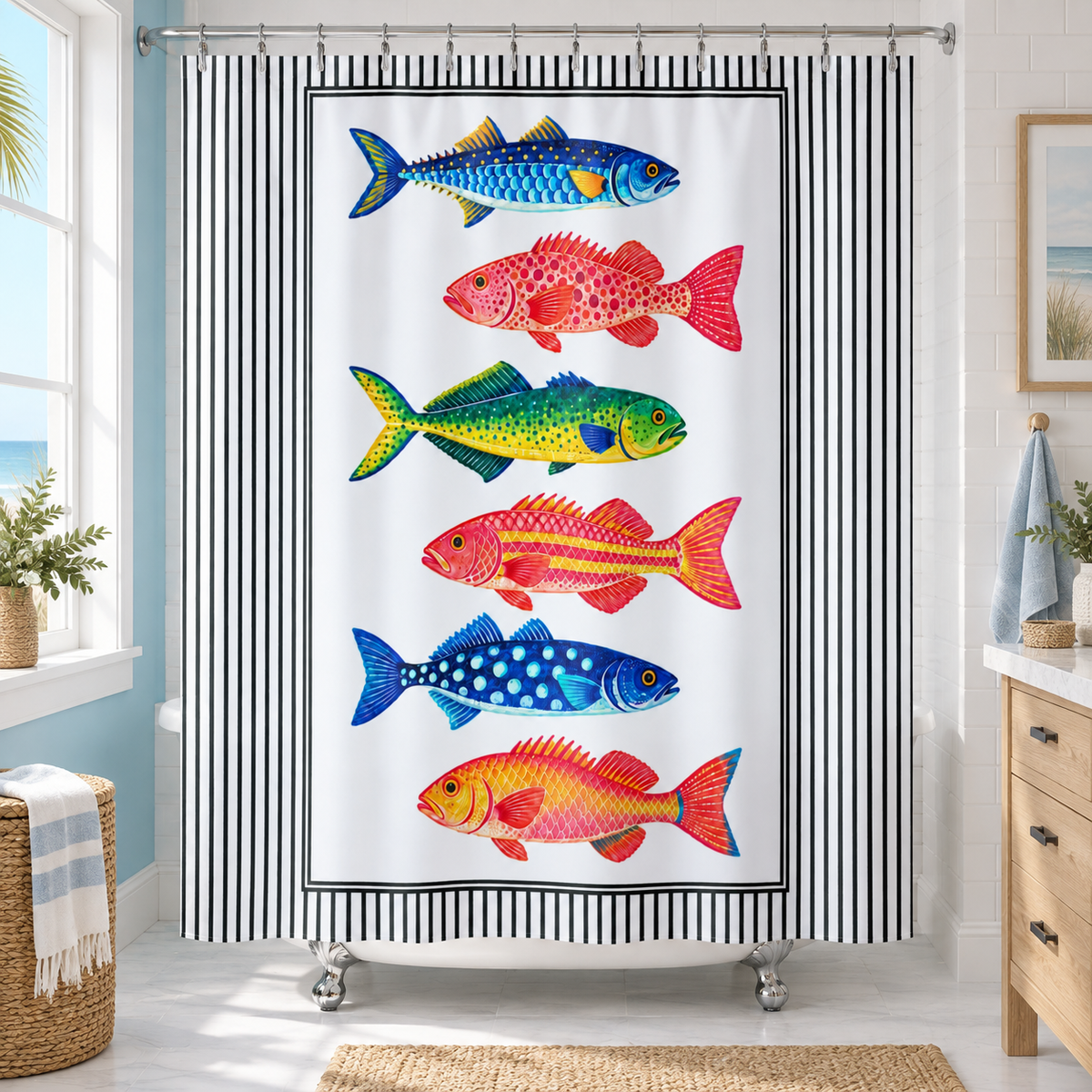 Coastal Fish Shower Curtain, Colorful Marine Life Black White Stripes Nautical Bathroom Decor Beach House Ocean Housewarming Gift 71" x 74"