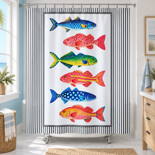 Coastal Fish Shower Curtain, Colorful Marine Life Black White Stripes Nautical Bathroom Decor Beach House Ocean Housewarming Gift 71" x 74"