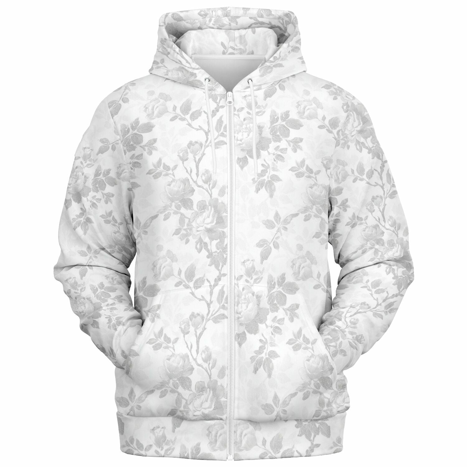 White Floral Zip Up Hoodie, Flowers Full Zipper Pocket Men Women Unisex Adult Aesthetic Graphic Cotton Fleece Hooded Sweatshirt - Starcove Fashion