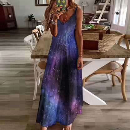 Galaxy Space Maxi Dress, Purple Stars Long Spaghetti Straps Women Sleeveless Casual Cute Designer Elegant Plus Size Cocktail Party Designer