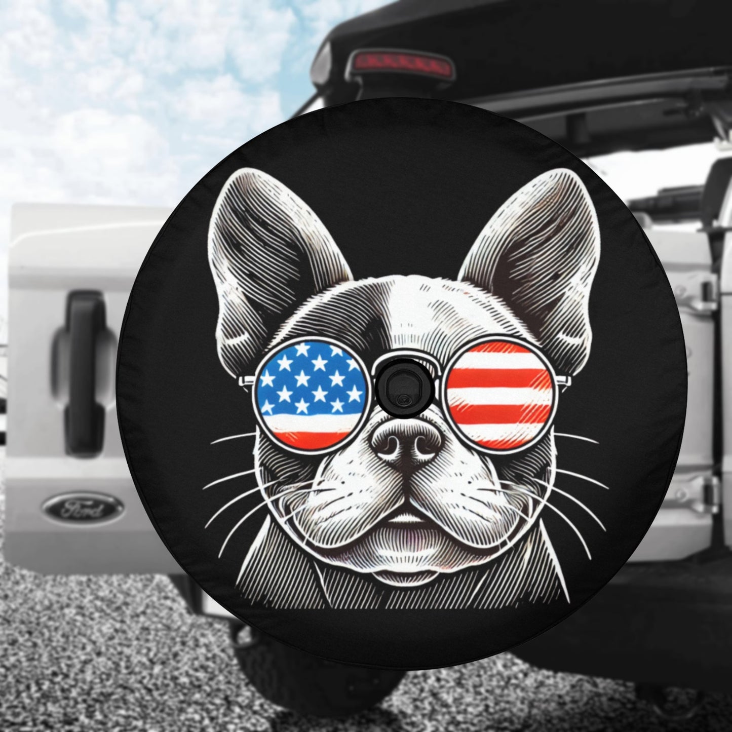 Dog American Flag Spare Tire Cover, French Bulldog Puppy Cool Backup Camera Hole Wheel Unique RV Back Cars Men Women Trailer Campers