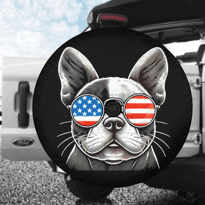 Dog American Flag Spare Tire Cover, French Bulldog Puppy Cool Backup Camera Hole Wheel Unique RV Back Cars Men Women Trailer Campers