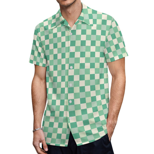 Green Checkered Men Button Up Shirt, Mint Pastel Short Sleeve Print Casual Buttoned Down Male Guys Collared Designer Dress Shirt Chest Pocket