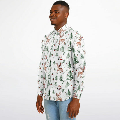 White Christmas Long Sleeve Men Button Up Shirt, Santa Claus Xmas Trees Guys Male Print Buttoned Down Collared Casual Dress Plus Size Shirt