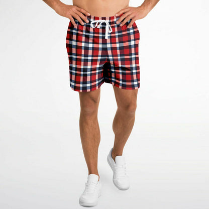 Buffalo Plaid Men Shorts, Red White Blue Tartan Check Beach Casual with Pockets 7 Inch Inseam Drawstring Casual Designer Summer