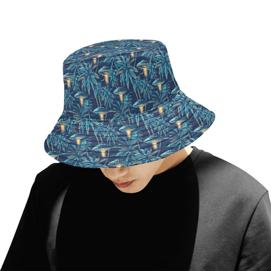 Ufo Bucket Hat Cap, Alien Palm Trees Retro Vintage Animal Summer Festival Cute Women Men Ladies Designer Beach Sun Shade Twill Golf 90s