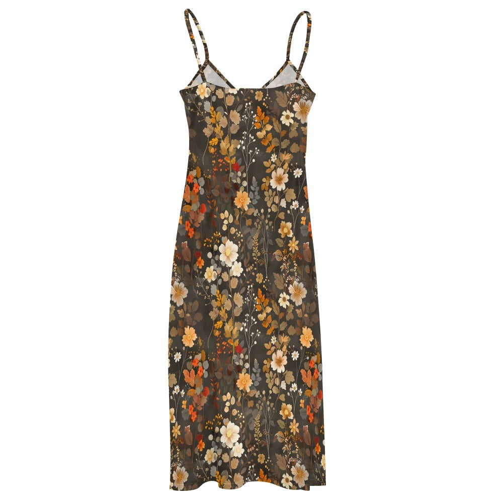 Floral Maxi Dress, Fall Brown Autumn Long Flowers Spaghetti Straps Women Sleeveless Casual Cute Designer Elegant Plus Size Cocktail Designer 5XL / Floral Maxi Dress, Fall Brown Autumn Long Flowers Spaghetti Straps Women Sleeveless Casual Cute Designer Elegant Plus Size Cocktail Designer 5XL /