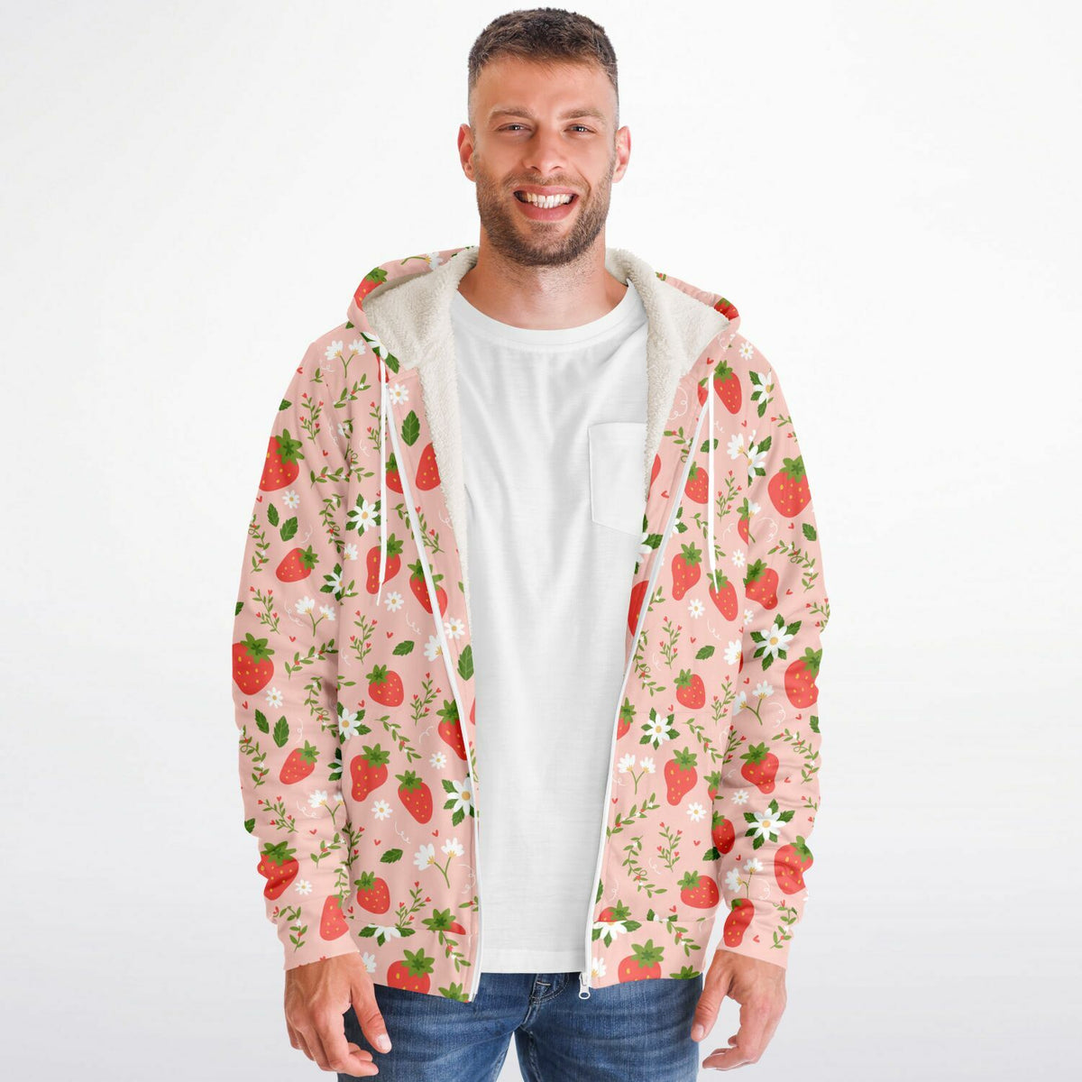 Strawberry Zip Up Fleece Lined Hoodie, Pink Floral Flowers Sherpa Heavyweight Full Zipper Men Women Unisex Graphic Hooded Sweatshirt Jacket