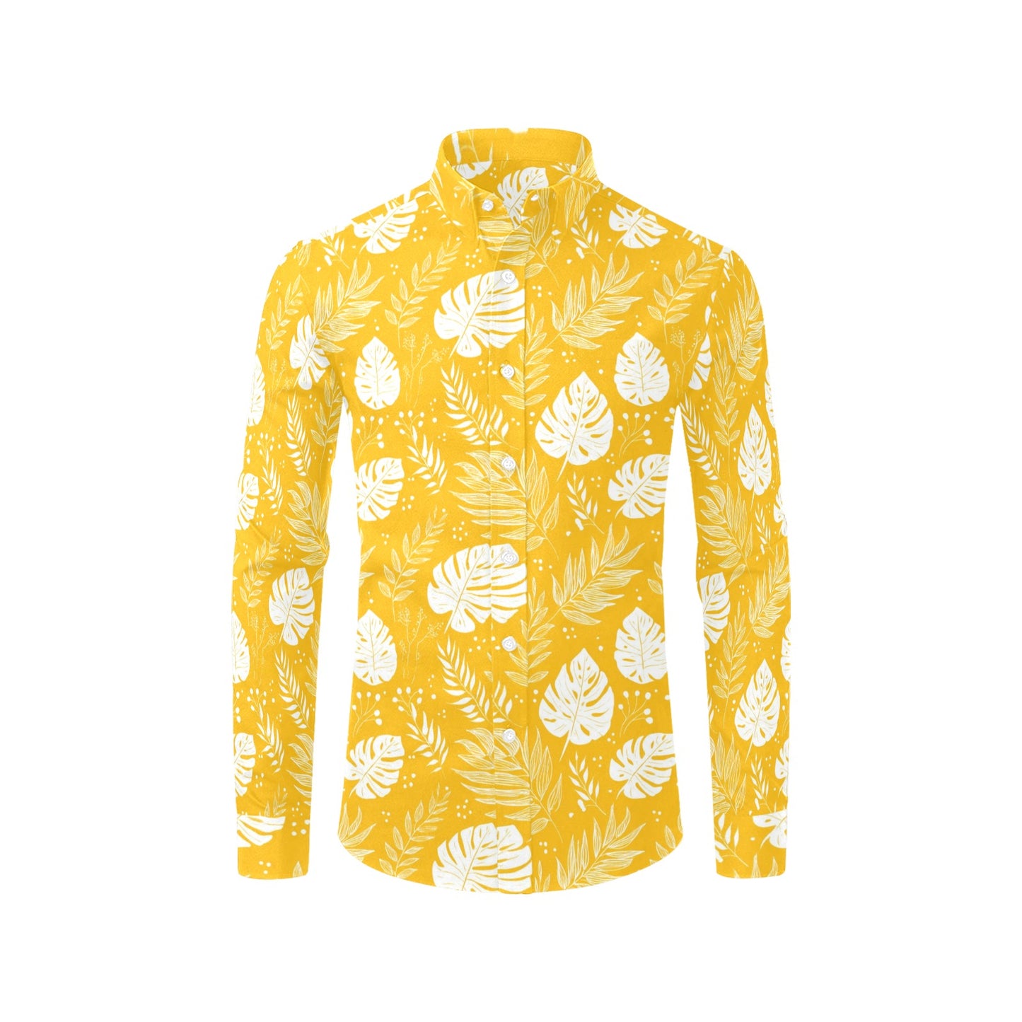 Yellow Hawaiian Leaf Long Sleeve Men Button Up Shirt, Summer Tropical Print Casual Dress Buttoned Collar Dress Male Guys Chest Pocket