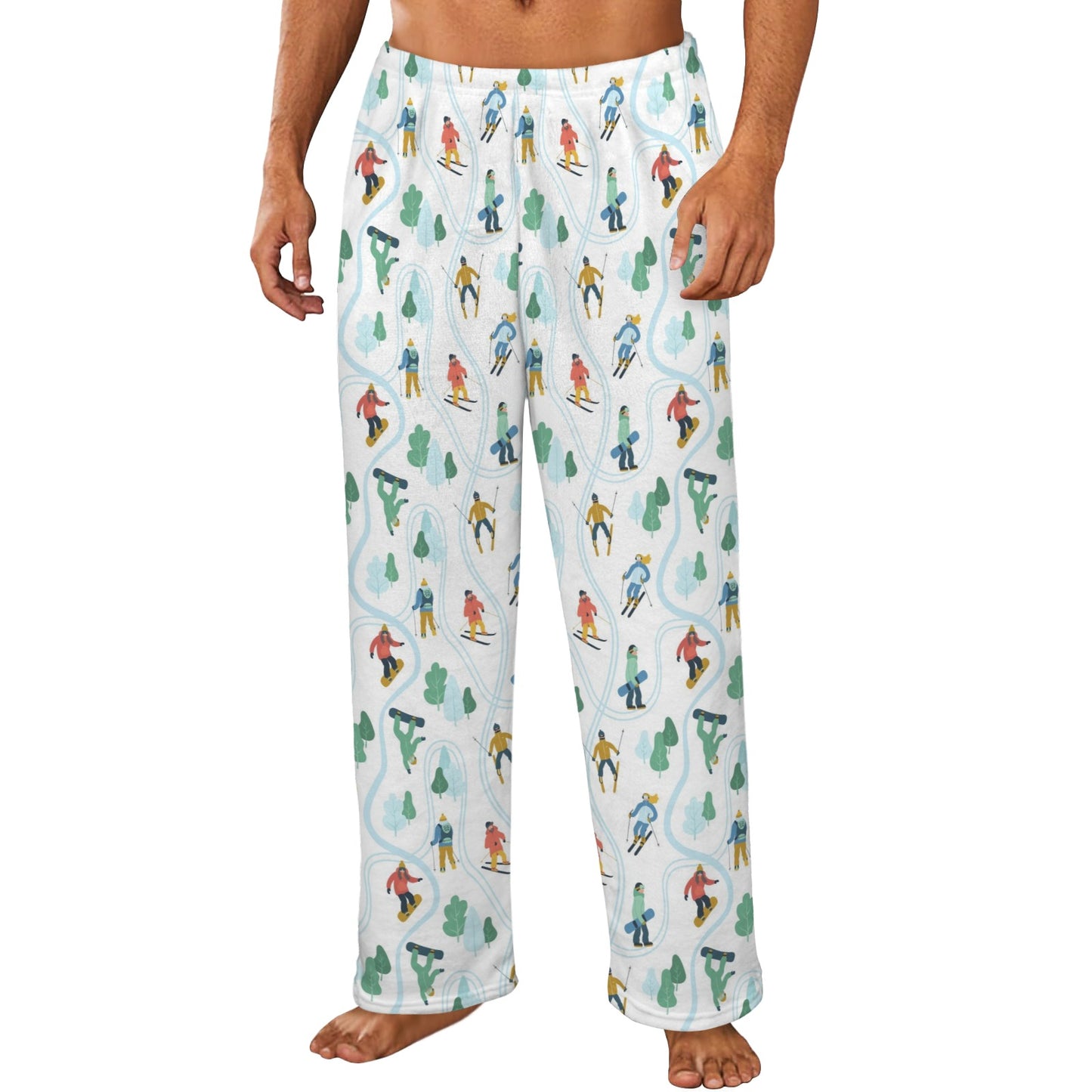 Ski Men Flannel Pajamas Pants, Skiing Snowboard Winter Sports Snow PJ Sleep Trousers Sleepwear Guys Male Adult Long Lounge Trousers Bottoms