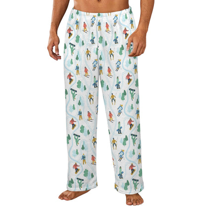 Ski Men Flannel Pajamas Pants, Skiing Snowboard Winter Sports Snow PJ Sleep Trousers Sleepwear Guys Male Adult Long Lounge Trousers Bottoms