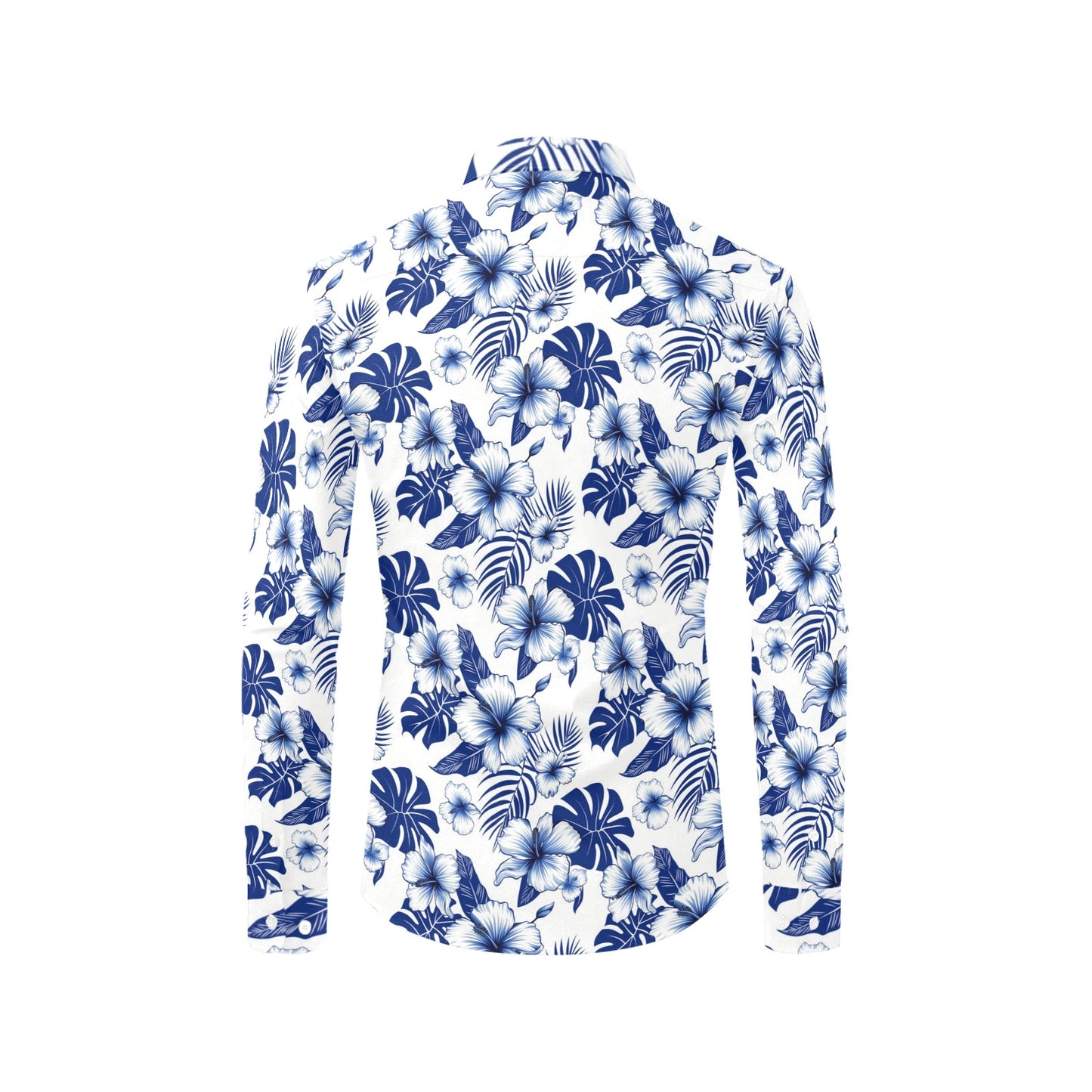Blue White Hibiscus Long Sleeve Men Button Up Shirt, Navy Floral Flowers Tropical Print Male Guys Buttoned Down Collar Casual Dress Shirt