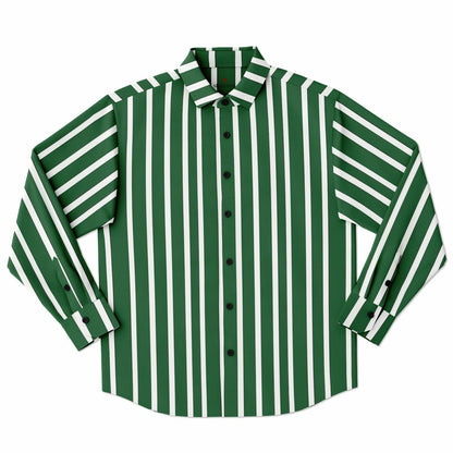 Green White Striped Long Sleeve Men Button Up Shirt, Vertical Stripes Guys Male Print Buttoned Down Collared Graphic Casual Dress Plus Size