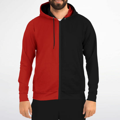 Half Black Half Red Zip Up Hoodie, Two Tone Color Split Full Zipper Pocket Men Women Unisex Adult Graphic Cotton Fleece Hooded Sweatshirt