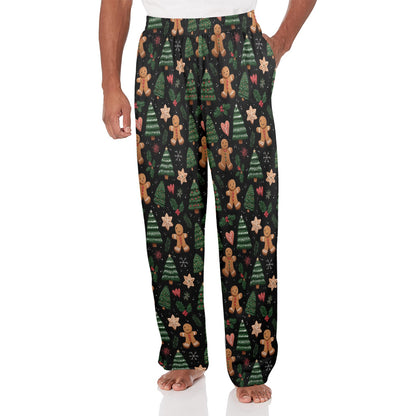 Gingerbread man Christmas Men Pajamas Pants, Black Green Festive Trees Xmas PJ Pockets Sleep Lounge Trousers Guys Male Sleepwear Bottoms