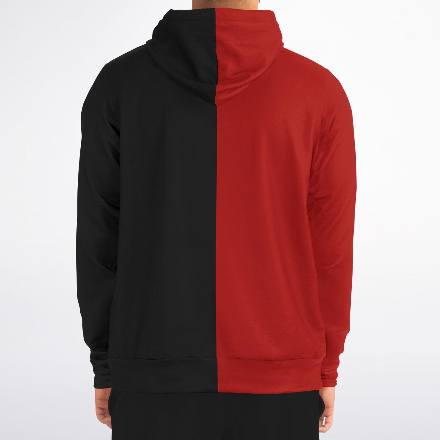 Half Black Half Red Zip Up Hoodie, Two Tone Color Split Full Zipper Pocket Men Women Unisex Adult Graphic Cotton Fleece Hooded Sweatshirt