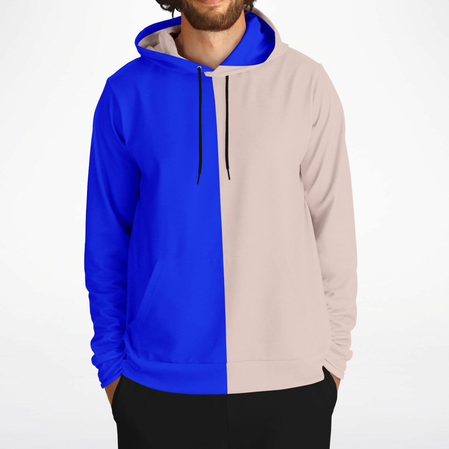 Half Blue Half Beige Hoodie, Two Tone Color Split Pullover Men Women Adult Aesthetic Graphic Cotton Hooded Sweatshirt with Pockets Designer Plus Size - Starcove Fashion