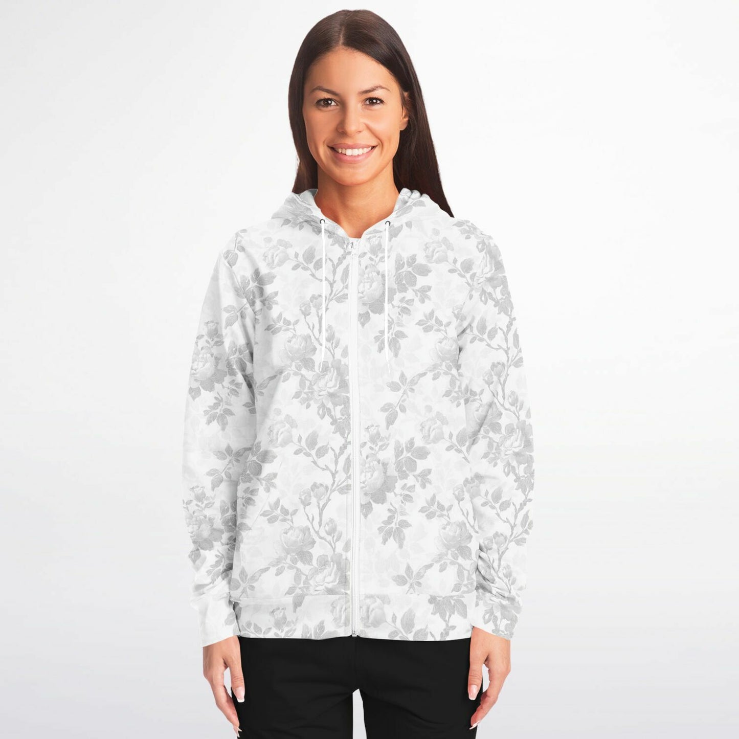 White Floral Zip Up Hoodie, Flowers Full Zipper Pocket Men Women Unisex Adult Aesthetic Graphic Cotton Fleece Hooded Sweatshirt - Starcove Fashion