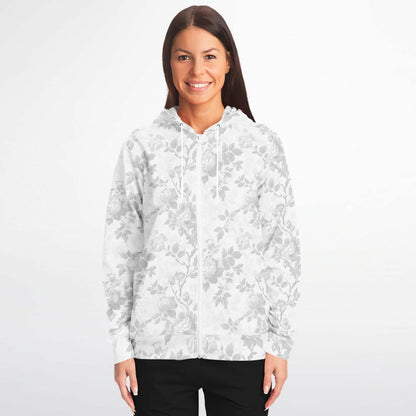 White Floral Zip Up Hoodie, Flowers Full Zipper Pocket Men Women Unisex Adult Aesthetic Graphic Cotton Fleece Hooded Sweatshirt - Starcove Fashion