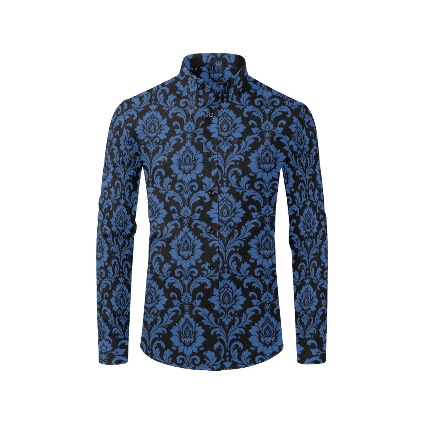 Black Blue Floral Long Sleeve Men Button Up Shirt, Damask Flowers Print Casual Buttoned Collared Designer Dress Shirt Chest Pocket Male
