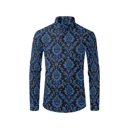 Black Blue Floral Long Sleeve Men Button Up Shirt, Damask Flowers Print Casual Buttoned Collared Designer Dress Shirt Chest Pocket Male