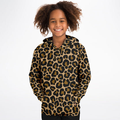 Leopard Kids Pullover Hoodie, Animal Cheetah Brown Print Girls Boy Toddler Youth Children Fleece Cozy Cotton Hooded Sweatshirt Pockets