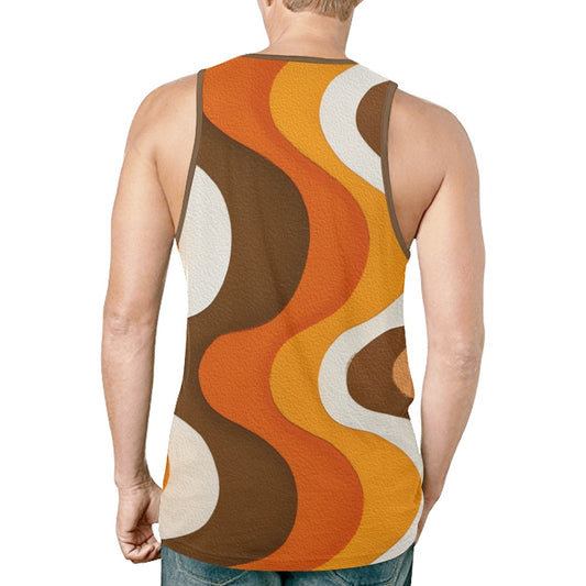 70s Wavy Tank Top Shirt, Retro Stripe Vintage Brown Men Guys Male Sleeveless Festival Workout Fitness Sports Summer Muscle Graphic Tee