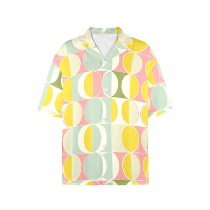 Mid Century Modern Women Hawaiian shirt, Retro Vintage Summer Yellow Print Vintage Retro Hawaii Aloha Button Up Down Plus Size Ladies Blouse