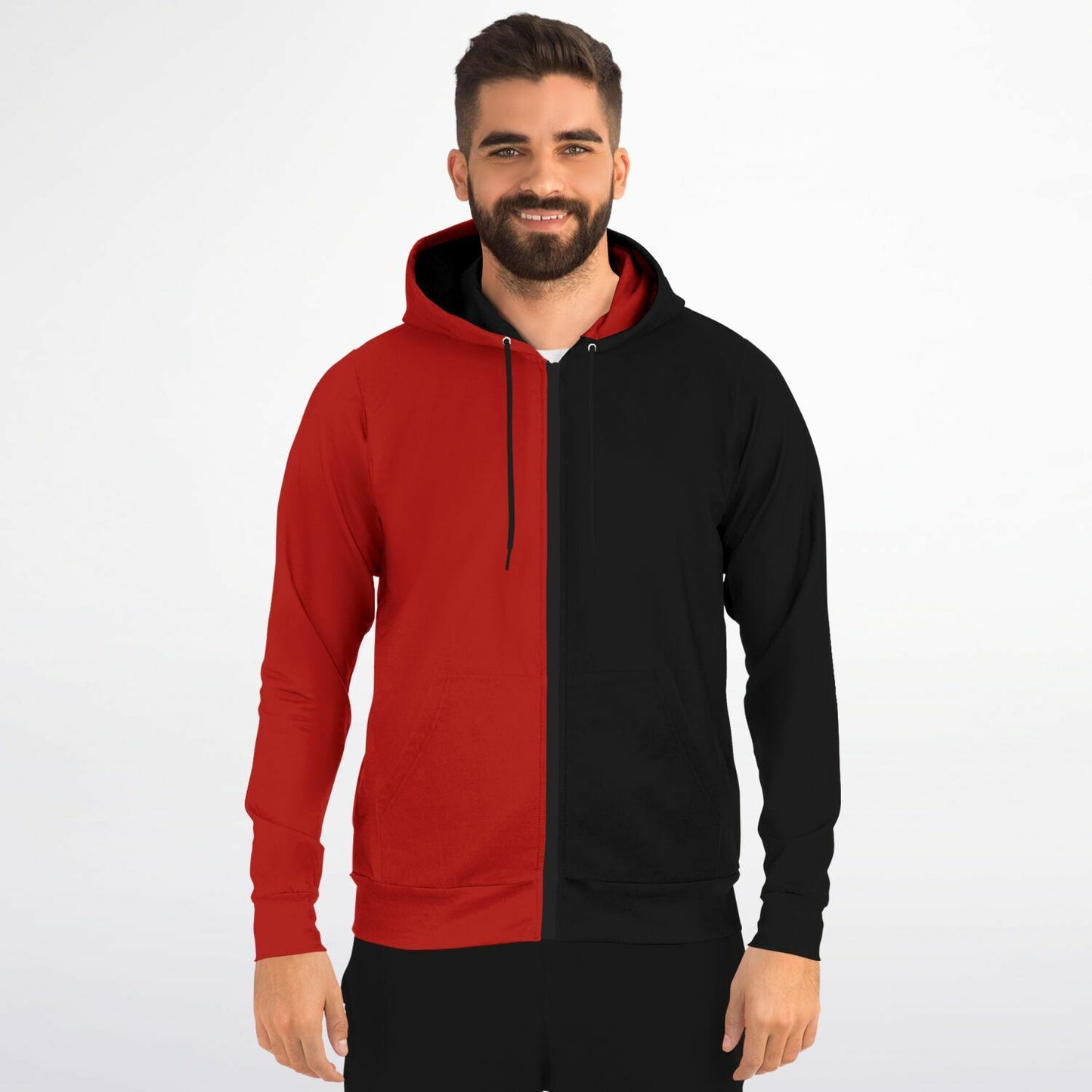 Half Black Half Red Zip Up Hoodie, Two Tone Color Split Full Zipper Pocket Men Women Unisex Adult Graphic Cotton Fleece Hooded Sweatshirt