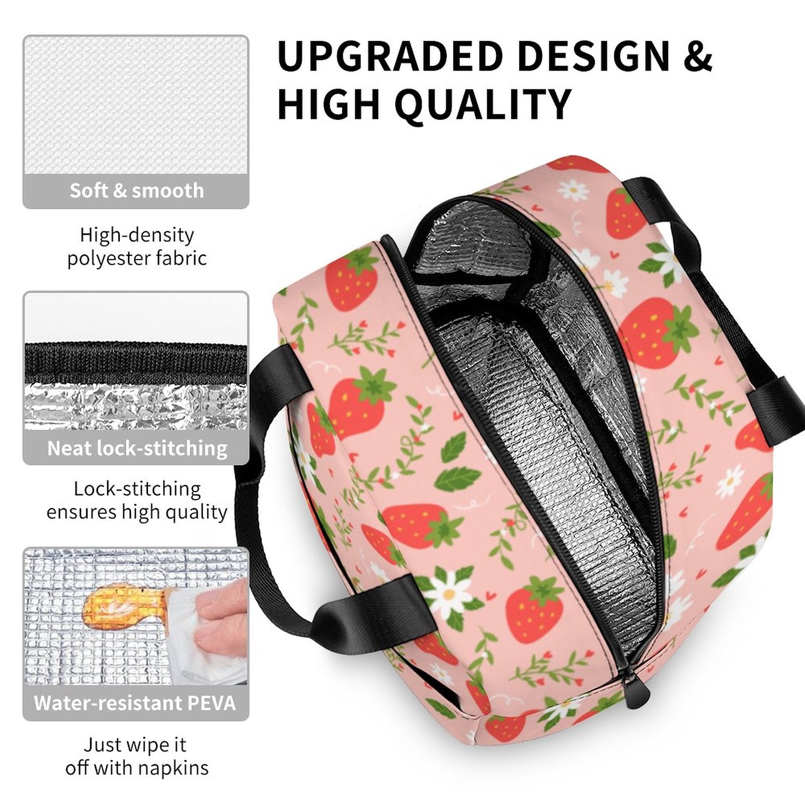 Strawberry Insulated Lunch Box Bag Tote, Pink Summer Fruit Floral Flowers Cute Food Container Adult Kids Women Teens Men School Work Handbag - Starcove Fashion