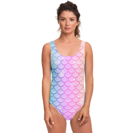 Mermaid One Piece Swimsuit for Women, Pastel Tie Dye Ombre Scales Adult Cute Designer Swim Swimming Bathing Suits Body Swimwear