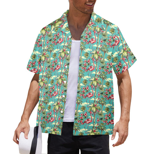 Pink Flamingo Men Hawaiian shirt, Vintage Red Retro Palm Trees Botanical Beach Green Aloha Hawaii Retro Tropical Plus Size Guys Button