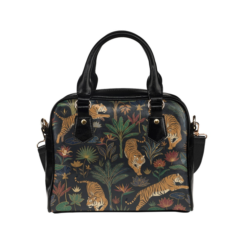 Tiger Purse, Animal Jungle Floral Flowers Print Panther Puma Pattern Cute Small Shoulder Bag Vegan Leather Women Designer Handbag Crossbody