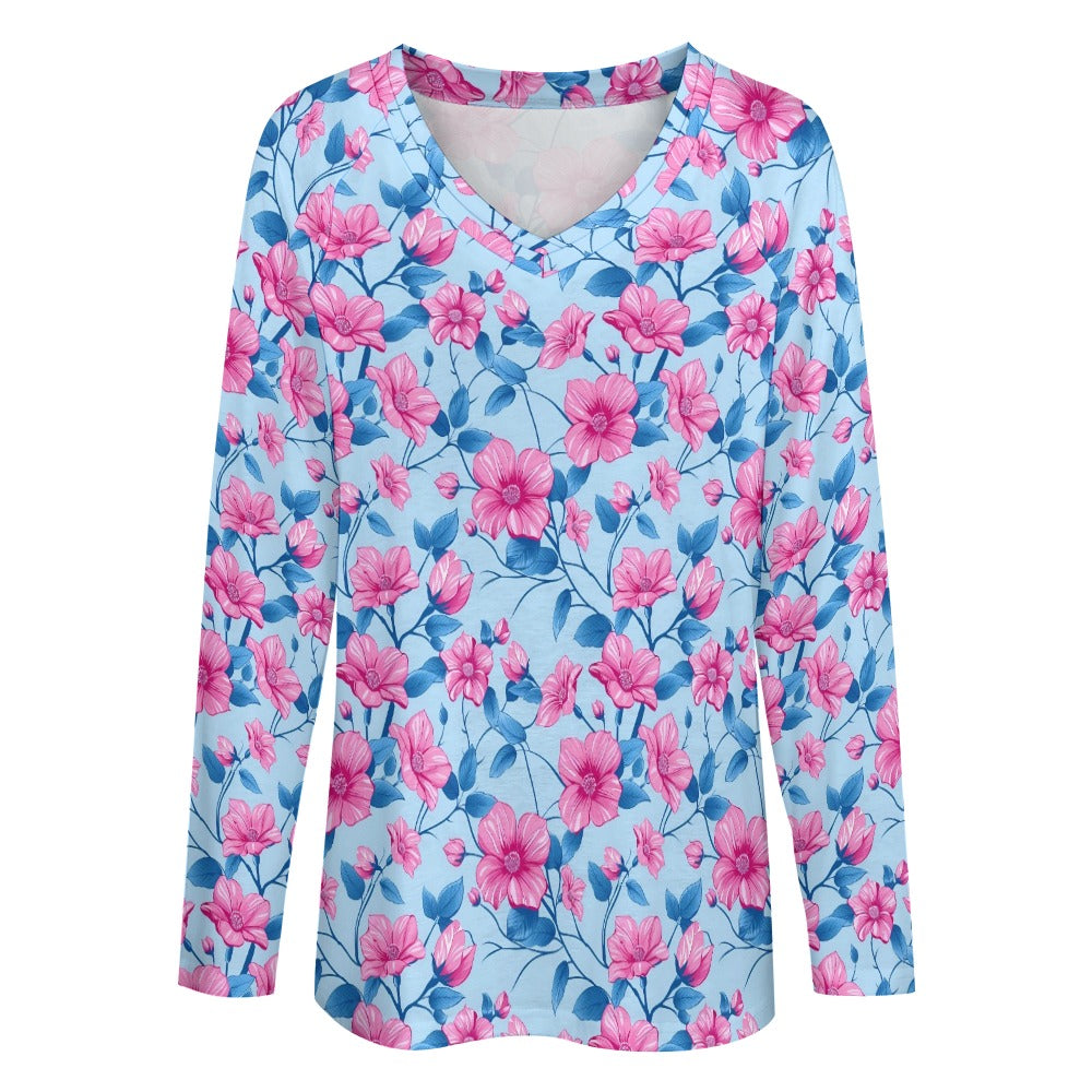 Pink Blue Floral Women Long Sleeve Tshirt loose fit, Flowers Botanical Relaxed V-neck Designer Graphic Aesthetic Ladies Female Tee Top Shirt - Starcove Fashion