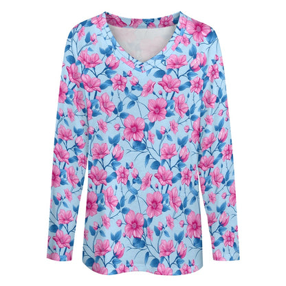 Pink Blue Floral Women Long Sleeve Tshirt loose fit, Flowers Botanical Relaxed V-neck Designer Graphic Aesthetic Ladies Female Tee Top Shirt - Starcove Fashion
