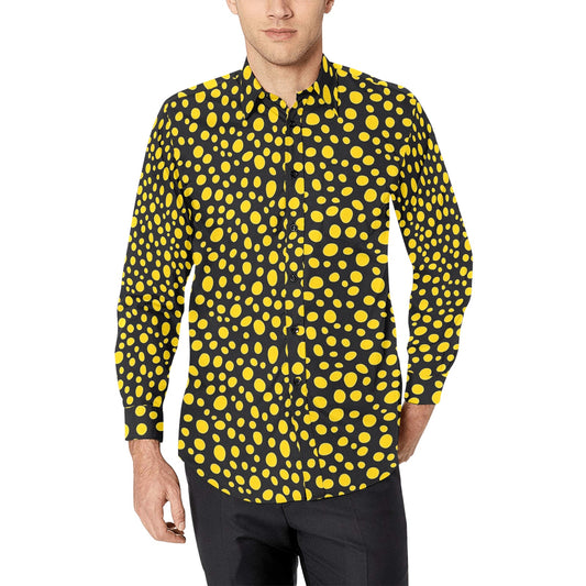 Black Yellow Dots Long Sleeve Men Button Up Shirt, Print Casual Buttoned Collared Down Designer Male Guys Dress Shirt Chest Pocket