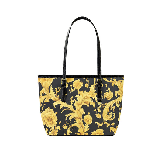 Baroque Tote Bag Purse, Yellow Floral Black Art Women Vegan Leather Handbag  Zip on Top Designer Handmade Shoulder Ladies Bag