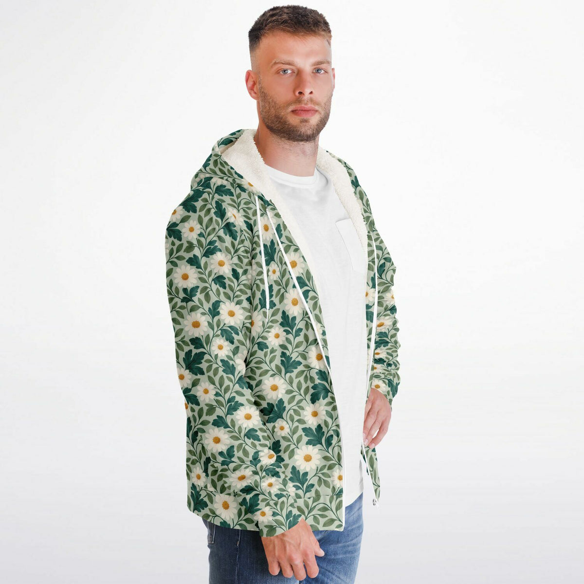 Daisy Zip Up Fleece Lined Hoodie, Floral Green Flowers Sherpa Heavyweight Full Zipper Pocket Men Women Unisex Hooded Sweatshirt Jacket
