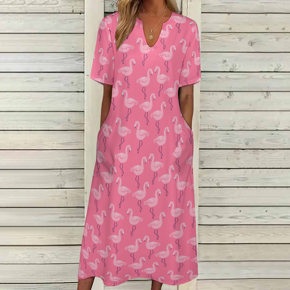 Pink Flamingo Women Maxi Dress, V-Neck Print Short Sleeve Evening Summer Cocktail Ladies Handmade Designer Plus Size Party Outfit Pockets