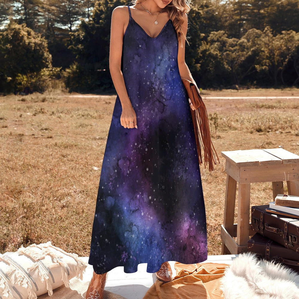 Galaxy Space Maxi Dress, Purple Stars Long Spaghetti Straps Women Sleeveless Casual Cute Designer Elegant Plus Size Cocktail Party Designer