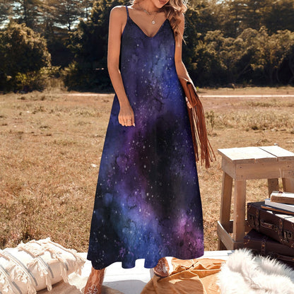 Galaxy Space Maxi Dress, Purple Stars Long Spaghetti Straps Women Sleeveless Casual Cute Designer Elegant Plus Size Cocktail Party Designer