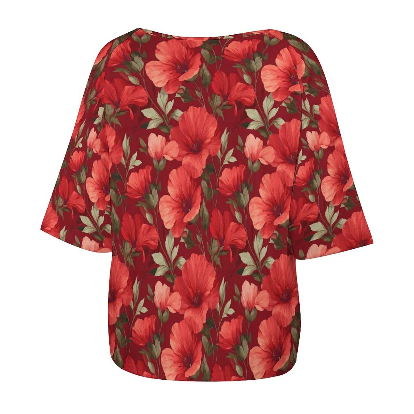 Red Floral Off the Shoulder Top Tshirt, Flowers Women Ladies Half Sleeve Shirt Blouse Loose Relaxed Fit Festival Casual Lightweight