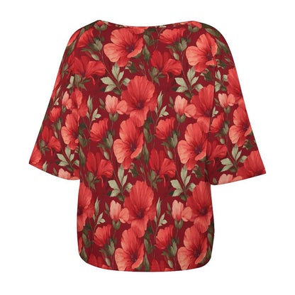 Red Floral Off the Shoulder Top Tshirt, Flowers Women Ladies Half Sleeve Shirt Blouse Loose Relaxed Fit Festival Casual Lightweight